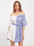 Oasap Spaghetti Strap Color Block Button Down Striped Dress With Belt