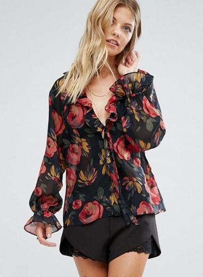 Oasap Deep V Neck Floral Print Sheer Shirt