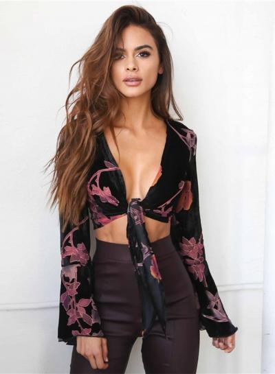 Oasap V Neck Flare Sleeve Floral Velvet Crop Top