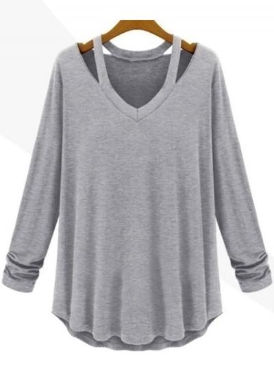 Oasap V Neck Cut Out Long Sleeve Solid Tee