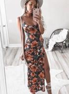 Oasap Fashion Slim Floral Printed Spaghetti Strap Backless Slit Maxi Dress