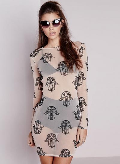 Oasap Women's Sheer Totem Long Sleeve Bodycon Dress