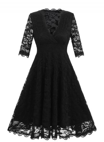 Oasap V Neck Half Sleeve High Waist Lace A-line Dress