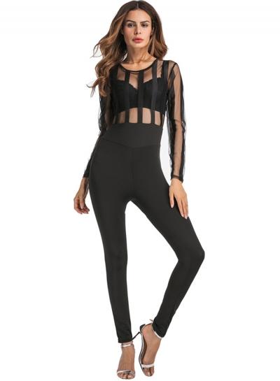 Oasap See Through Zipper Back Long Sleeve Skinny Jumpsuit