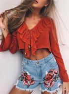 Oasap V Neck Long Sleeve Flounce Panel Lace Up Crop Top