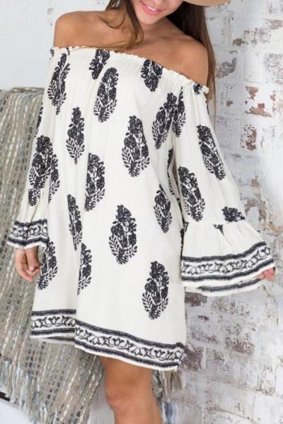 Oasap Fashion Floral Printing Off-the-shoulder Dress