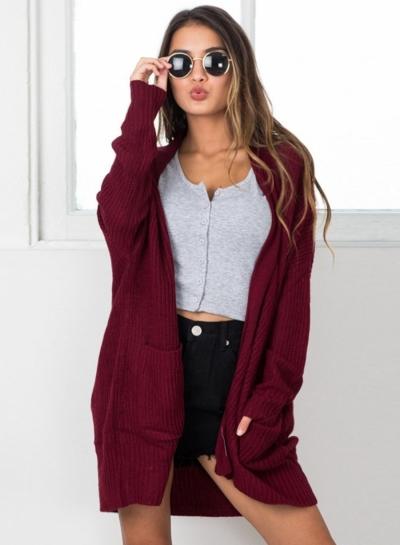 Oasap Solid Color Long Sleeve Open Front Knit Cardigan With Pockets