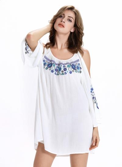 Oasap Scoop Neck Off Shoulder Floral Embroidery Mini Dress