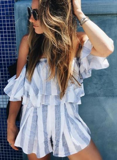 Oasap Strapless Off Shoulder Striped Blouse Shorts Set