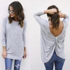 Oasap Solid Color Long Sleeve Back Cross Pullover Knit Tee Shirt