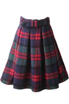 Oasap Tartan Plaid Belted Pleated High Waist Skirt