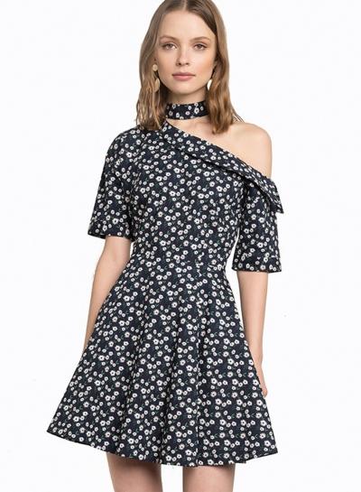 Oasap Floral Halter One Shoulder Short Sleeve A-line Dress