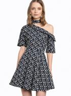 Oasap Floral Halter One Shoulder Short Sleeve A-line Dress