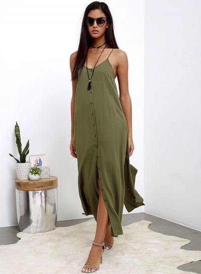 Oasap Spaghetti Strap Sleeveless Solid High Slit Maxi Dress