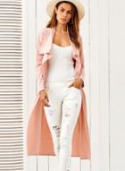 Oasap Solid Color Long Sleeve Open Front Trench Coat With Belt