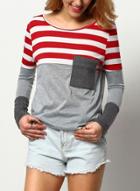 Oasap Round Neck Long Sleeve Striped Color Splicing Tee Shirt
