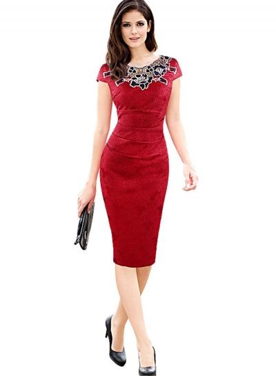 Oasap Short Sleeve Floral Applique Bodycon Dress