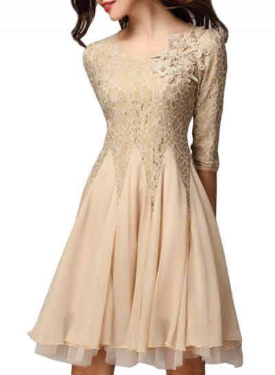 Oasap Elegant Women Lace Trim 3/4 Sleeve Chiffon Dress