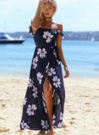 Oasap Off Shoulder High Slit Maxi Floral Printed Bohemian Dress