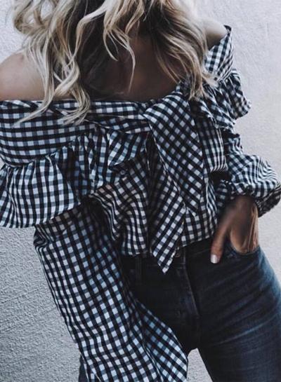 Oasap Plaid Off Shoulder Long Sleeve Tie Front Blouse