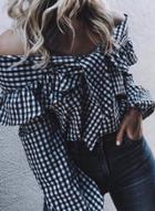 Oasap Plaid Off Shoulder Long Sleeve Tie Front Blouse