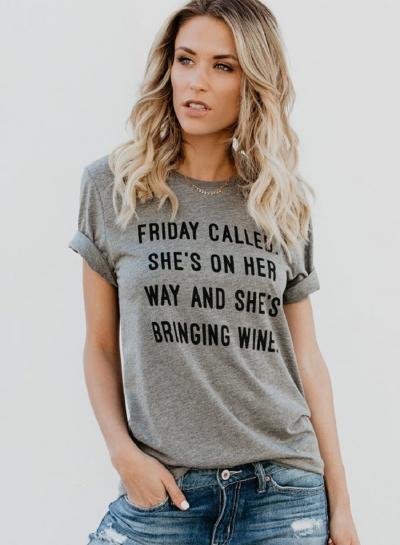 Oasap Short Sleeve Round Neck Letter Printed Pullover Tee