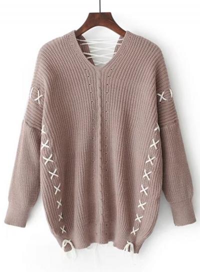 Oasap V Neck Long Sleeve Lace Up Sweaters