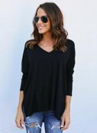 Oasap V Neck Long Sleeve Side Slit High Low Tee