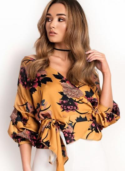 Oasap Fshion Sexy Floral Printed Lace-up Lantern Sleeve V Neck Blouse