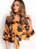 Oasap Fshion Sexy Floral Printed Lace-up Lantern Sleeve V Neck Blouse