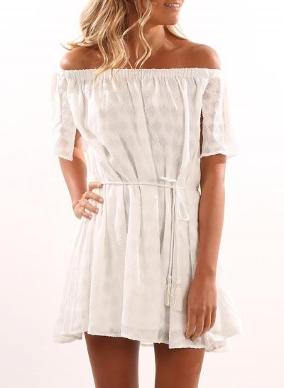 Oasap Slash Neck Short Sleeve Plaid Pattern Mini Dress