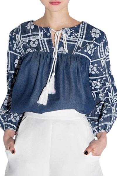 Oasap Women's Drawstring Neck Lantern Sleeve Paneled Boho Top