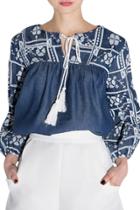 Oasap Women's Drawstring Neck Lantern Sleeve Paneled Boho Top