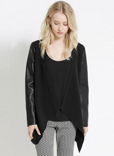 Oasap Pu Color Block Open Front Coat