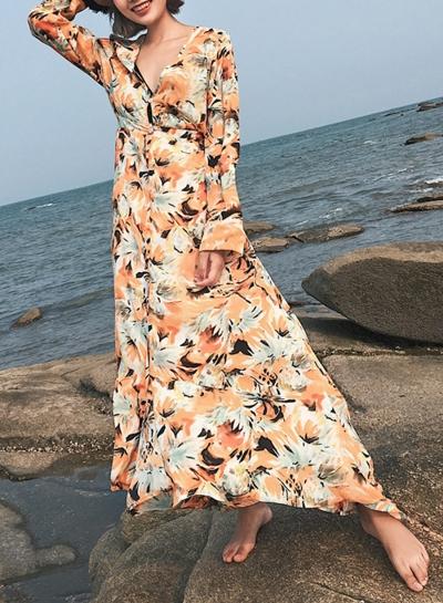 Oasap V Neck Floral Print Long Sleeve Loose Maxi Dress