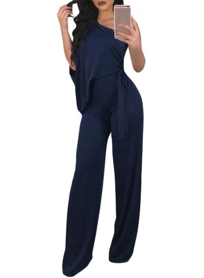 Oasap Royal Blue Draped One Shoulder Wide Leg Jumpsuit
