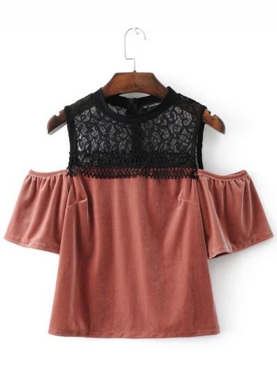 Oasap Round Neck Off Shoulder Lace Splicing Blouse