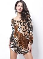 Oasap Round Neck Long Sleeve Leopard Dresses