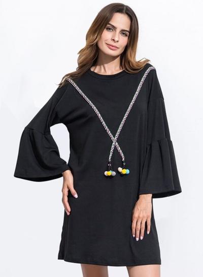 Oasap Round Neck Flare Sleeve Pompon Loose Mini Dress