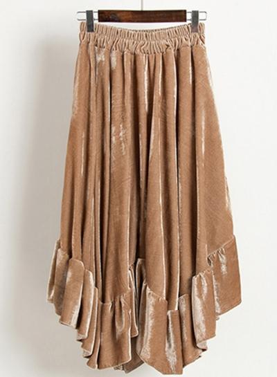 Oasap Velvet Asymmetric Flounce Trim High Elastic Wiast Maxi Skirt