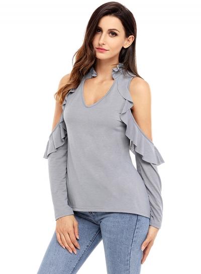 Oasap V Neck Off Shoulder Flounce Hem Tops