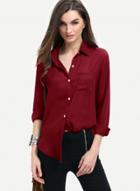 Oasap Solid Button Down Chiffon Shirt With Chest Pocket