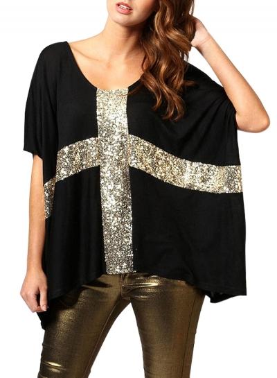 Oasap Women's Classic Cross Sequins Loose Asymmetrical Casual T-shirt