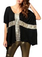 Oasap Women's Classic Cross Sequins Loose Asymmetrical Casual T-shirt