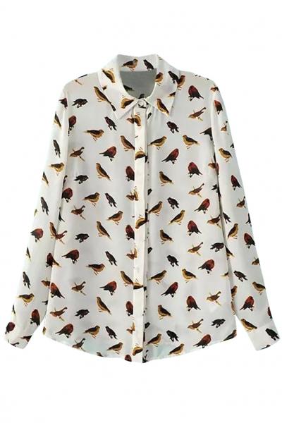 Oasap Demure Bird Print Button Down Blouse