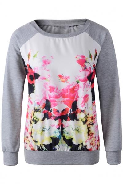 Oasap Classic Paneled Floral Grey Sweatshirt