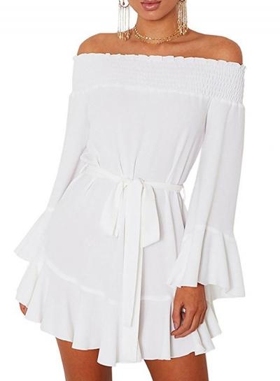 Oasap Slash Neck Flare Sleeve Solid Color Ruffle Dress