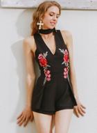 Oasap Deep V Neck Sleeveless Floral Embroidery Romper