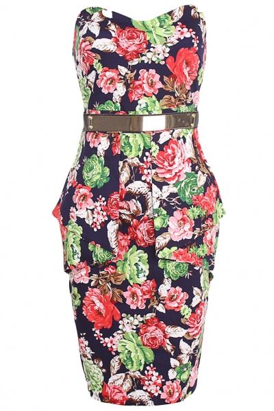 Oasap Chic Floral Printing Belted Bodycon Dress