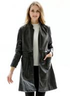 Oasap Stand Collar Long Sleeve Pu Leather Coat